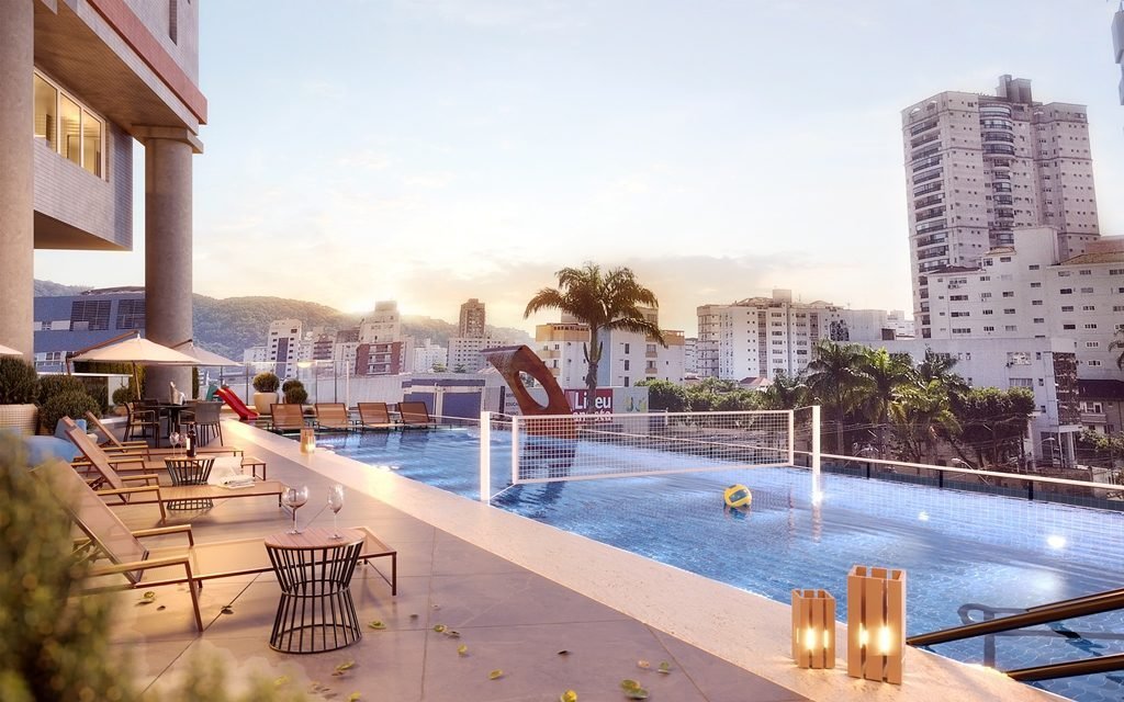 Piscina de borda infinita ao entardecer, com vista para a cidade de Santos, Castell Di João Paulo