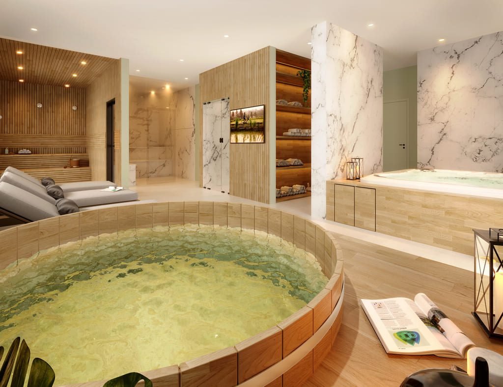 Espaço wellness com ofurô, sauna e banheira de hidromassagem